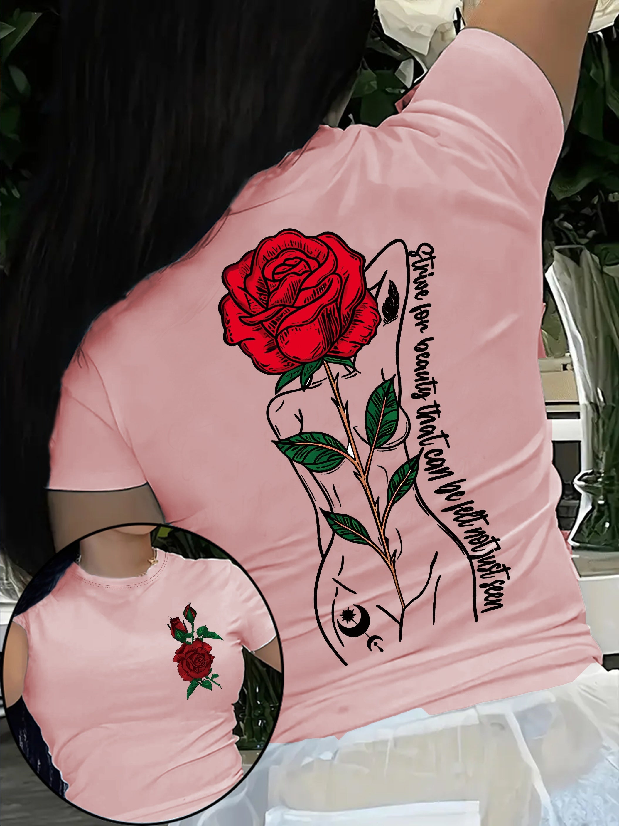 Vibrant Rose Print Short Sleeve Crew Neck T-Shirt - Soft, Breathable, Relaxed Fit, Casual Summer & Spring Top for Women - Perfect for Outdoor Activities, Daily Wear, and Gift Idea